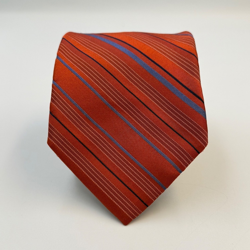 VTG Perry Ellis Portfolio Silk Tie Burnt Orange Blue Stripe WPL 2831 Made in USA